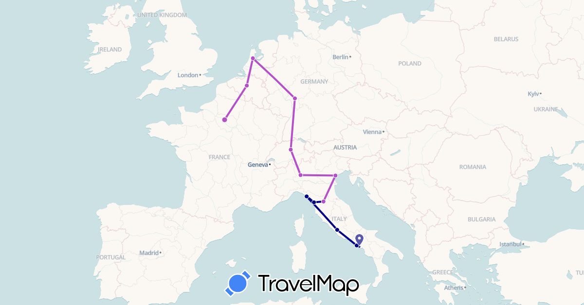TravelMap itinerary: driving, train in Belgium, Switzerland, Germany, France, Italy, Netherlands (Europe)